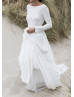 Long Sleeve Ivory Lace Chiffon V Back Wedding Dress